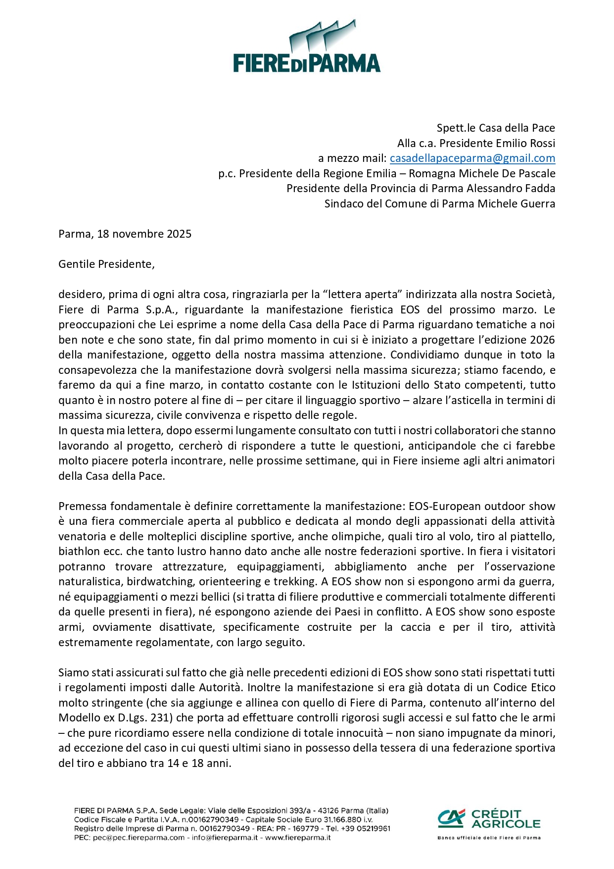 Lettera risposta ente fiere